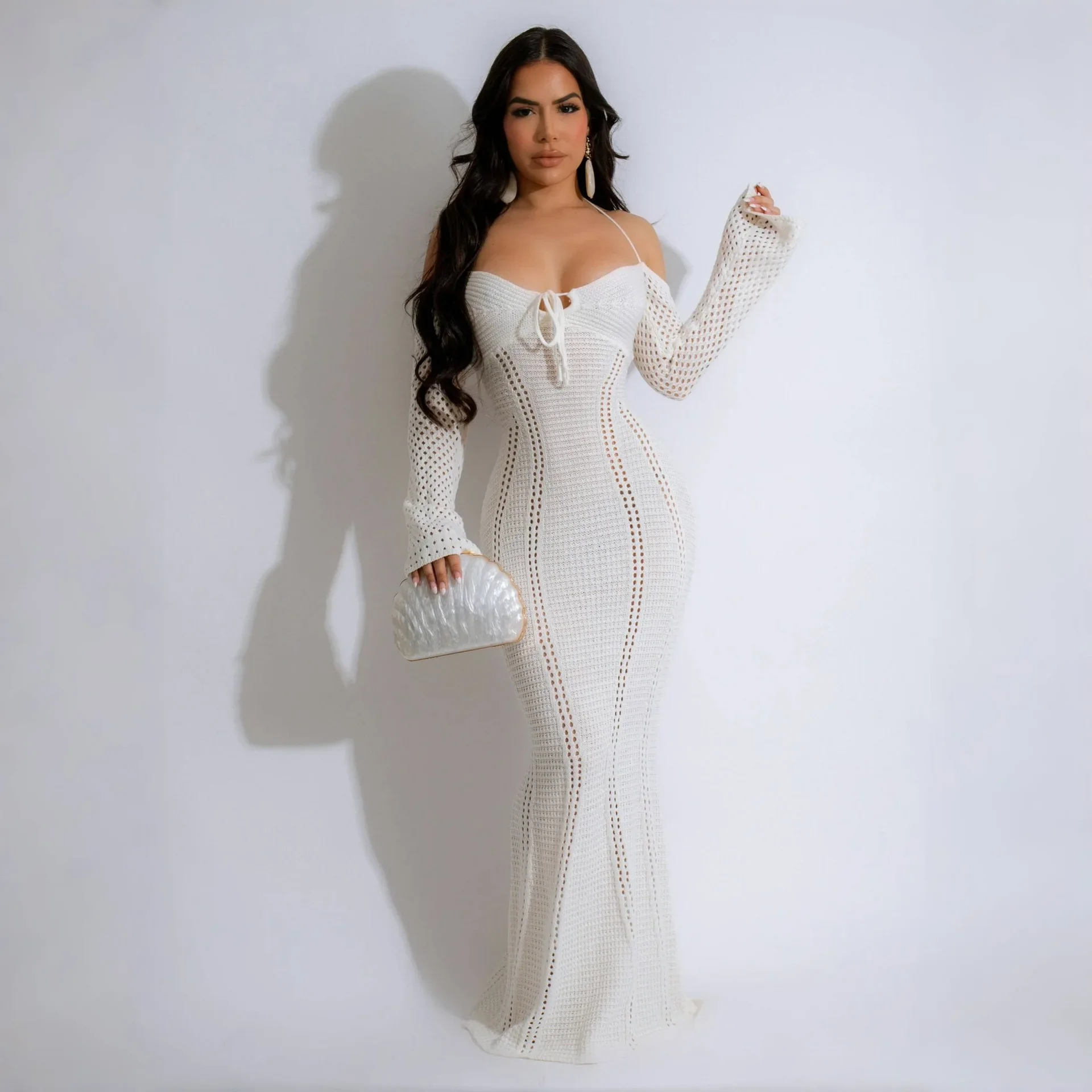 Women Crochet Strapless Full Sleeve Long Maxi Dress Knit See Through Beach Holiday Party Vestido Dresses Summer Smock