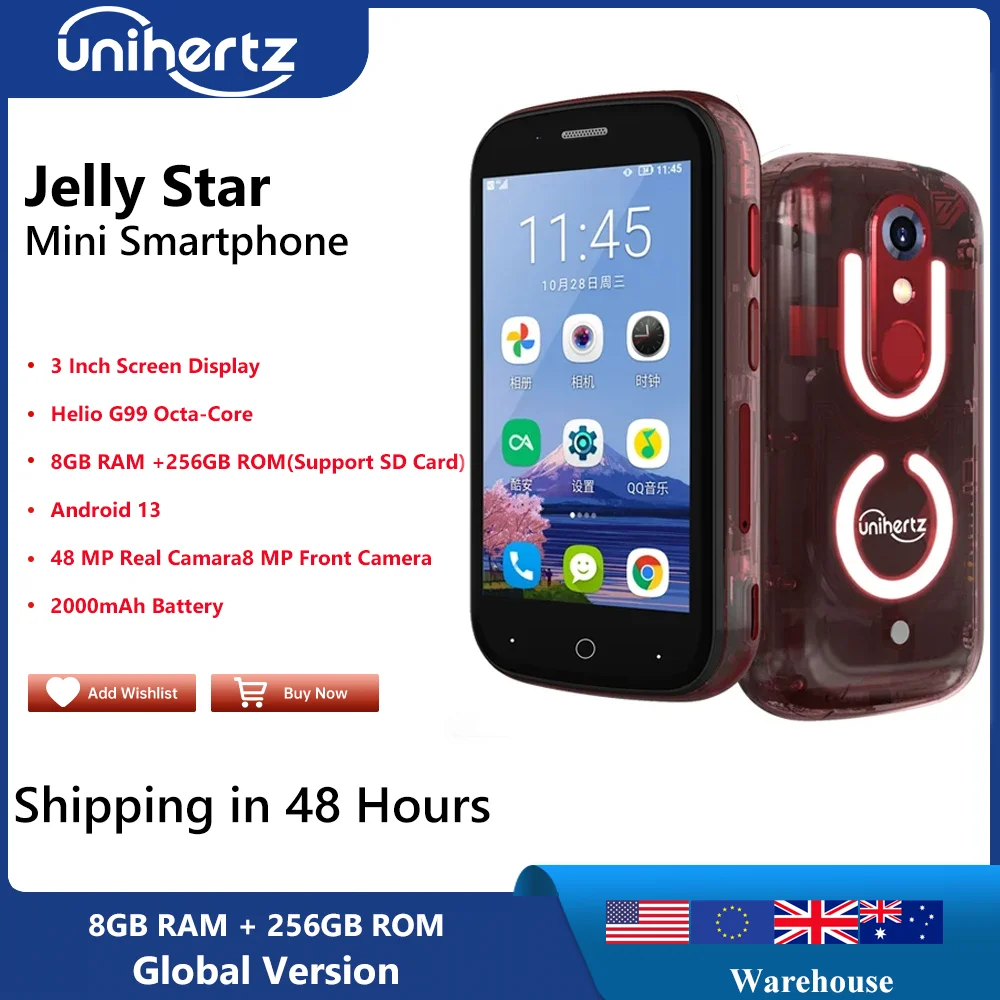 Unihertz Jelly Star Mini Smartphone Android 13 8Gb 256Gb Led Light Sbloccato Backshell Trasparente Cellulari 48Mp 3 Pollici Telefono