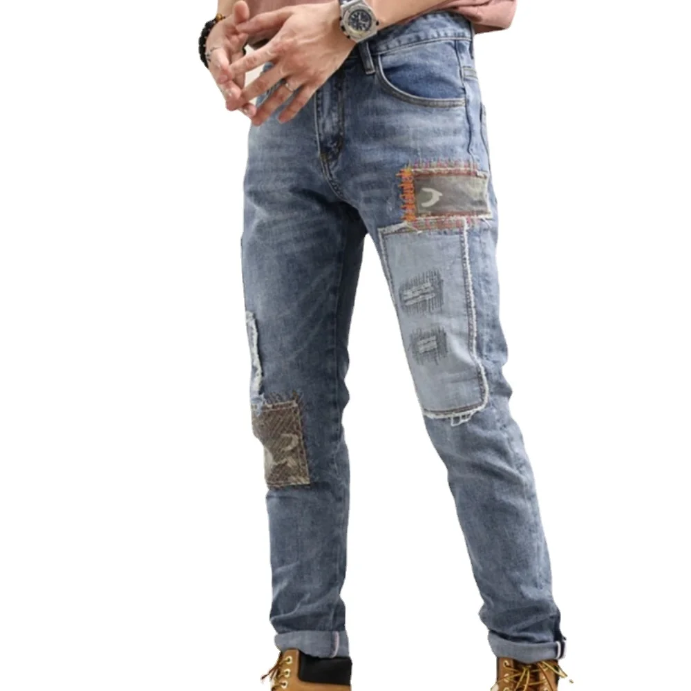 Jeans Men Fashion Splicing Streetwear Male Wear Ripped Hole Skinny Jeans Denim Trousers Cargo Pants y2k Streetwear Mens Trousers