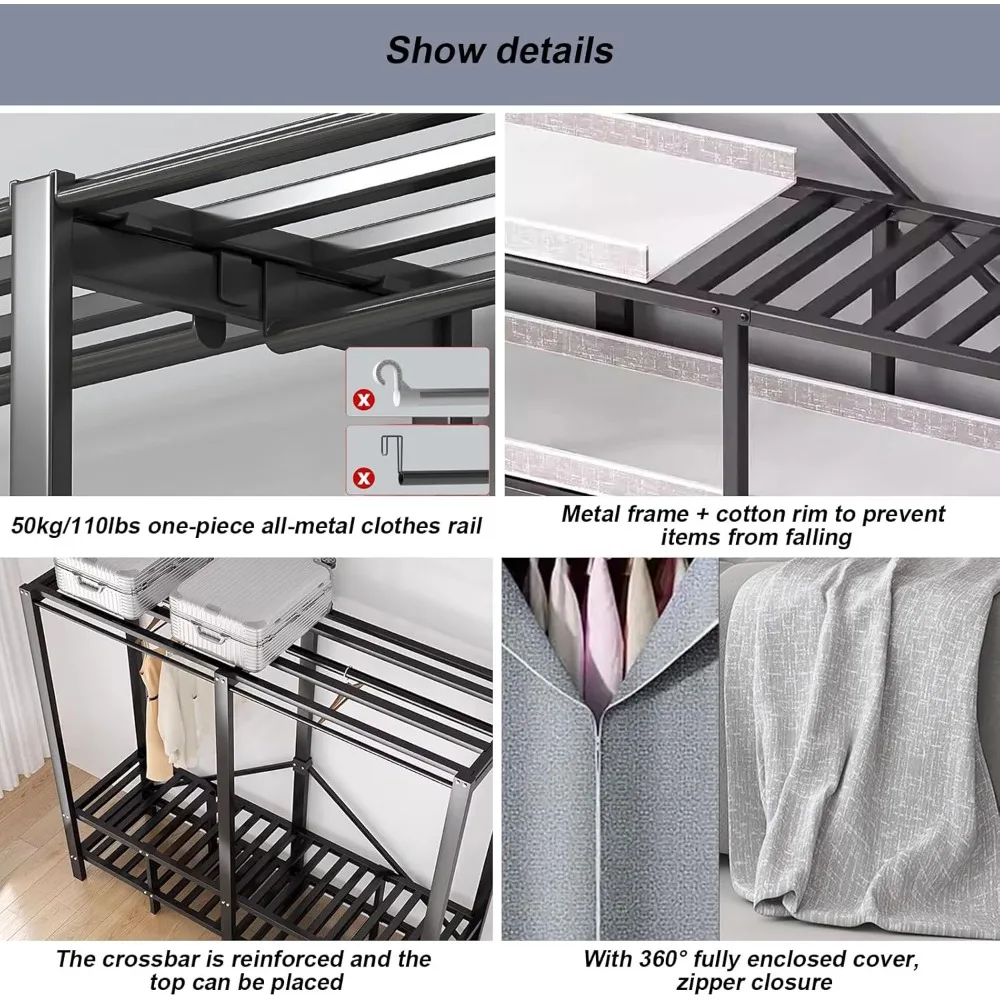 Portable Wardrobe Closet Rack,1100lbs,Heavy-Duty Foldable Garment Rack With Cover，Freestanding Clothes Organizer, Wardrobes 5