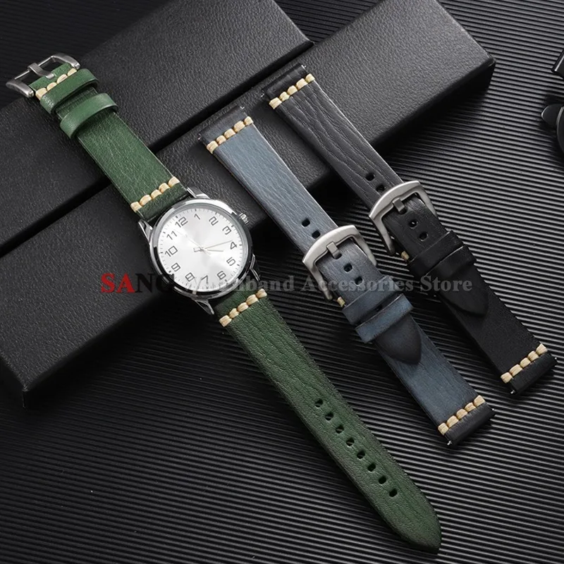 Vintage Retro Leather Watch Band with Quick Release and Stitching Details