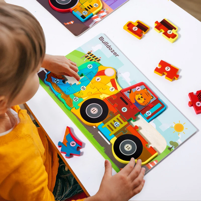 Educational 3D Wooden Puzzle Set for Kids - Number and Vehicle Themes