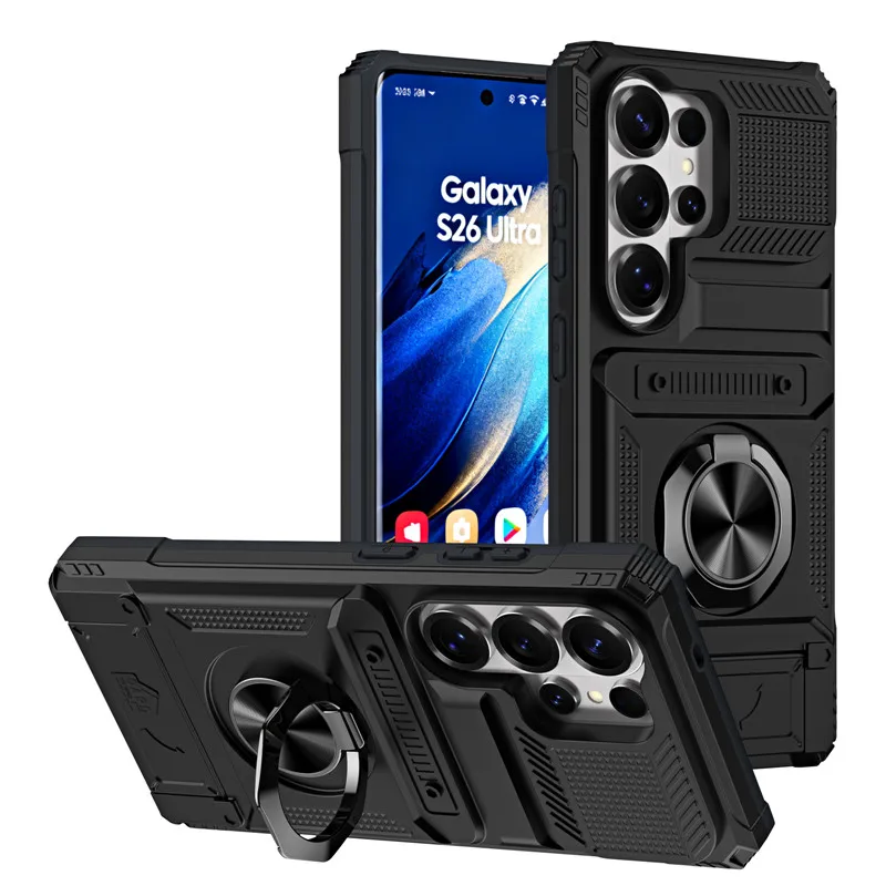 Armor Shockproof Magnetic Ring Stand Holder Case with Card Slot Wallet Back Cover