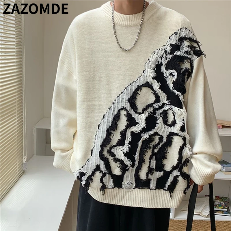 

HIP HOP Ripped Knitted Sweater Embroidery Design Sweater 2022 Winter Cotton Sweater Harajuku Pullovers For Men Women 2022