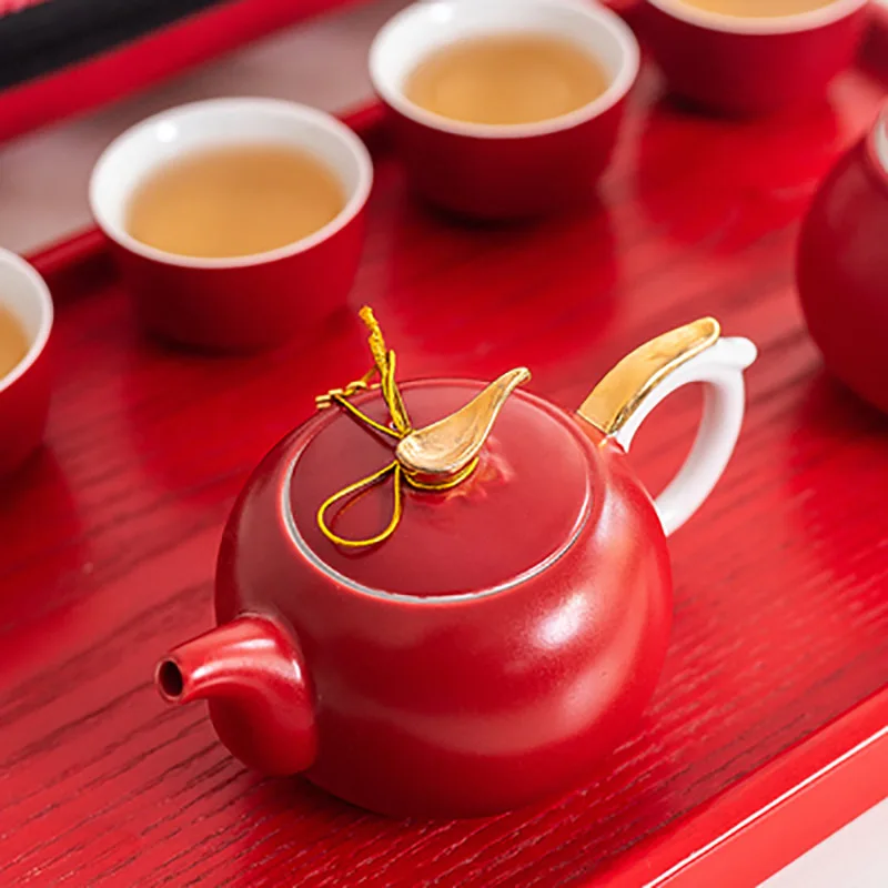 Chinese Tea Gift Set Service, Porcelain Tea Pot, Cups Tray for Bridegroom and Bride Tea Ceremony, Wedding Party Souvenir Suppl