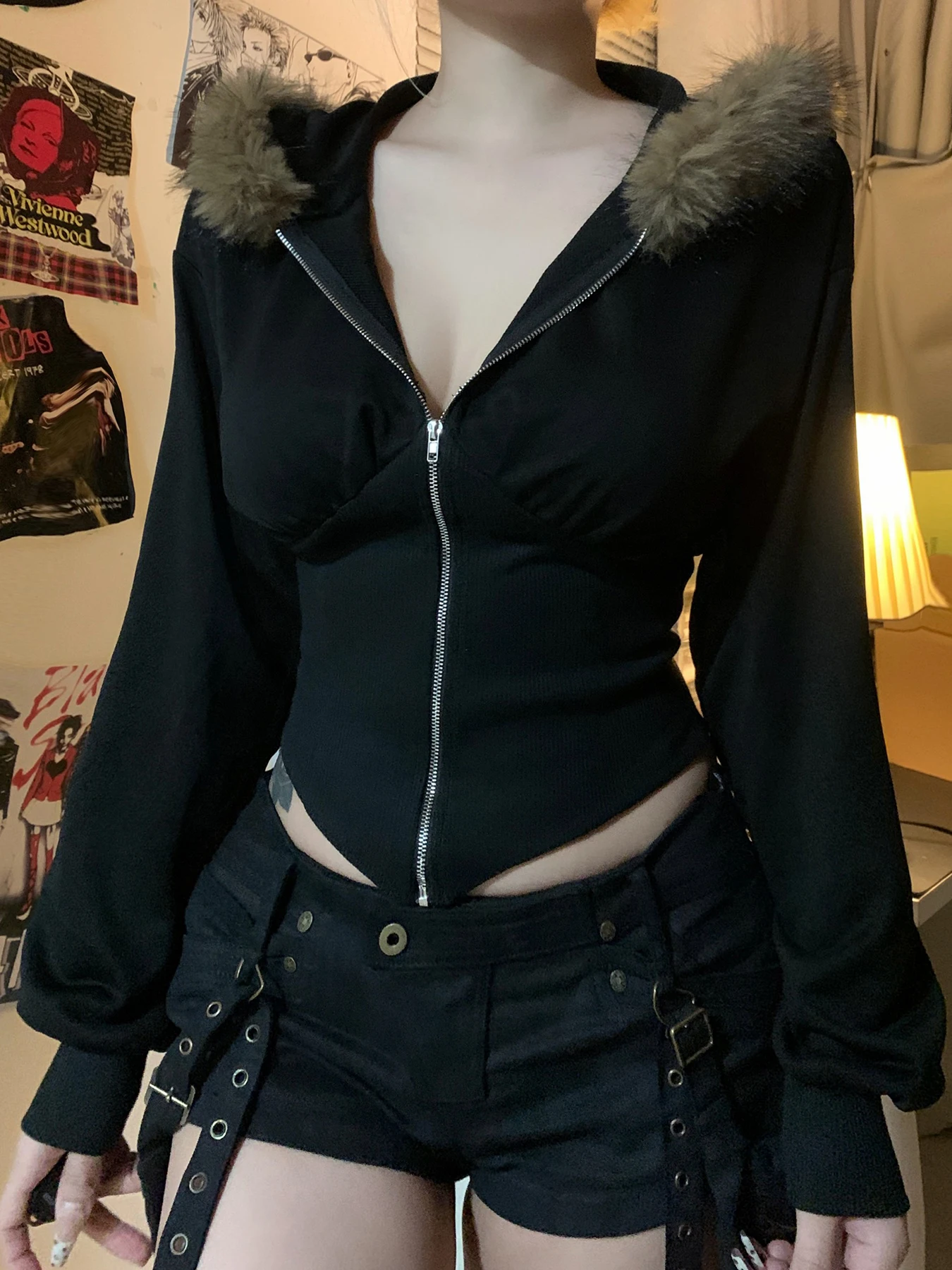 Cuteandpsycho Zip Up Fur Neck Hoodie Coats Fashion Slim Solid Y2K Vintage Women's Jackets Casual Streetwear Chic Basics Clothes 5