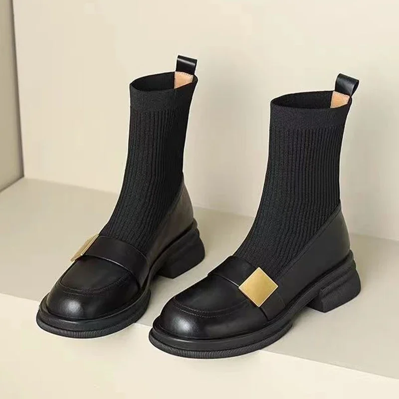 

Women Knitting Chelsea Ankle Boots Mid Heels Winter Casual Luxury Shoes 2024 Designer Women Walking Goth Fashion Botas Mujer