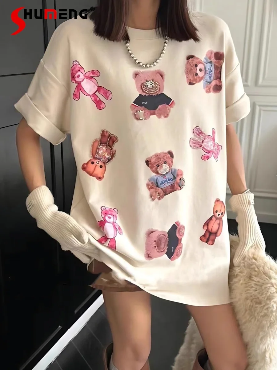 

Fashion Loose Versatile Tops Women's 2024 Summer Little Bear Cartoon Printed Rhinestones T-Shirt Round Neck Short Sleeve T-shirt