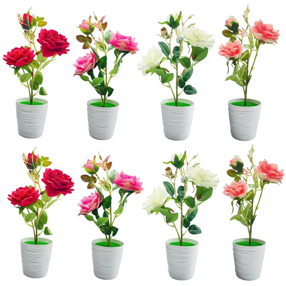 

36cm Artificial Rose Bonsai Faux Silk Flower Plastic Potted Fake Plant Home Desktop Living Room Ornament Mini Fake Tree