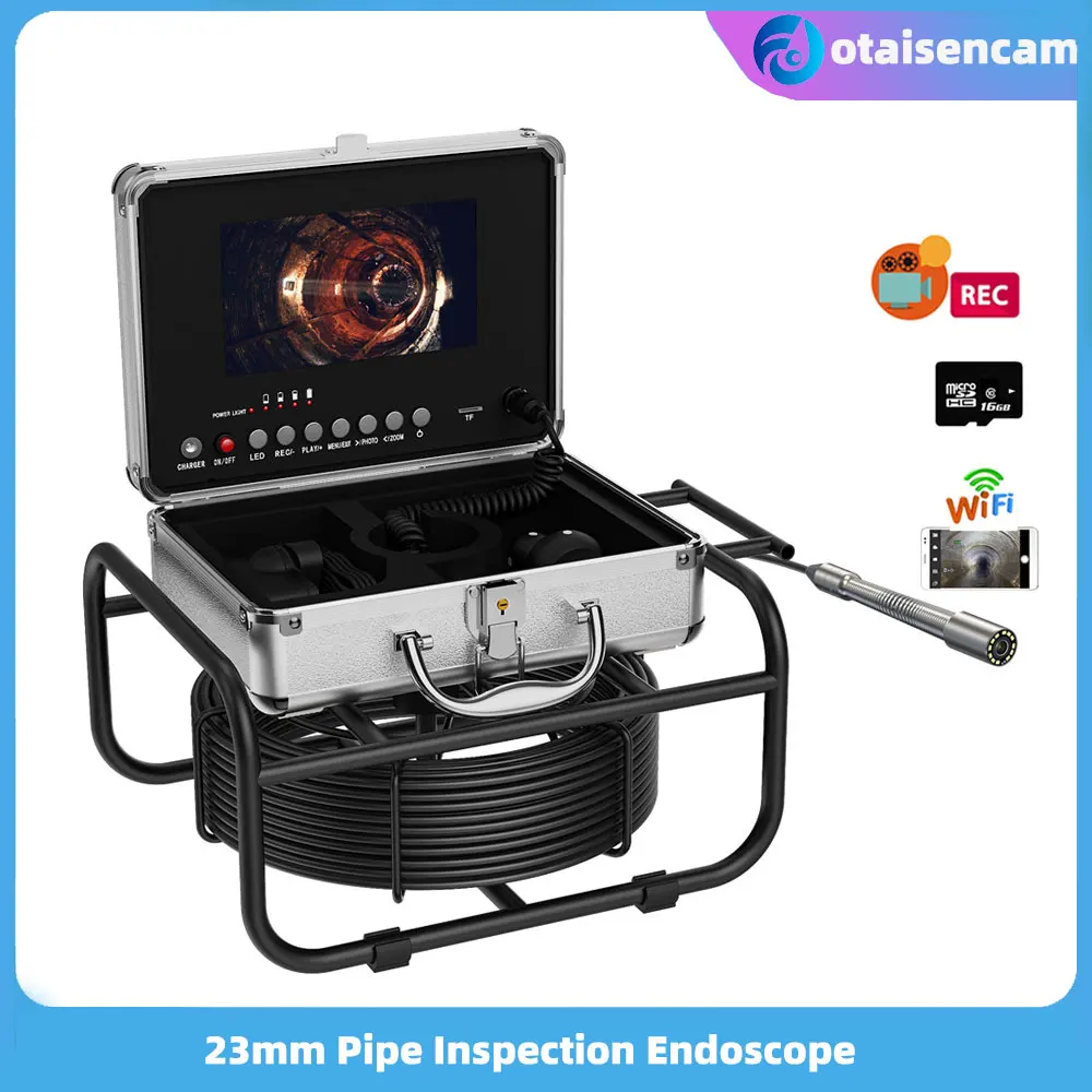 

23mm Sewer Pipe Inspection Camera Industrial Drain Video Endoscope 7" AHD Screen DVR 16GB TF Card 5mm Black Cable Wifi Hotspot
