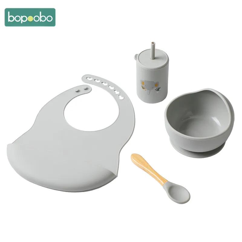 

4Pcs/Set Baby Silicone Bowl Spoon Set Baby Feeding Silicone Bib Baby Dishes BPA Free Silicone Portable Tableware for Children