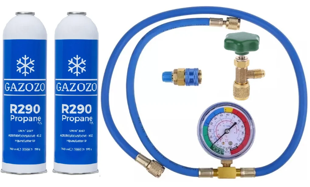 R600a Koelmiddel Vulset – 420 G – Met Zelfsluitende Bus, Ventiel En 1/4″ SAE Slang – Voor Koelkast En Airco