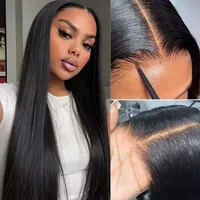 Perruque Lace Frontal Wig sans colle naturelle, cheveux lisses, 13x6, 30 32 pouces, 13x4, pre-plucked, 5x5, pour femmes 4