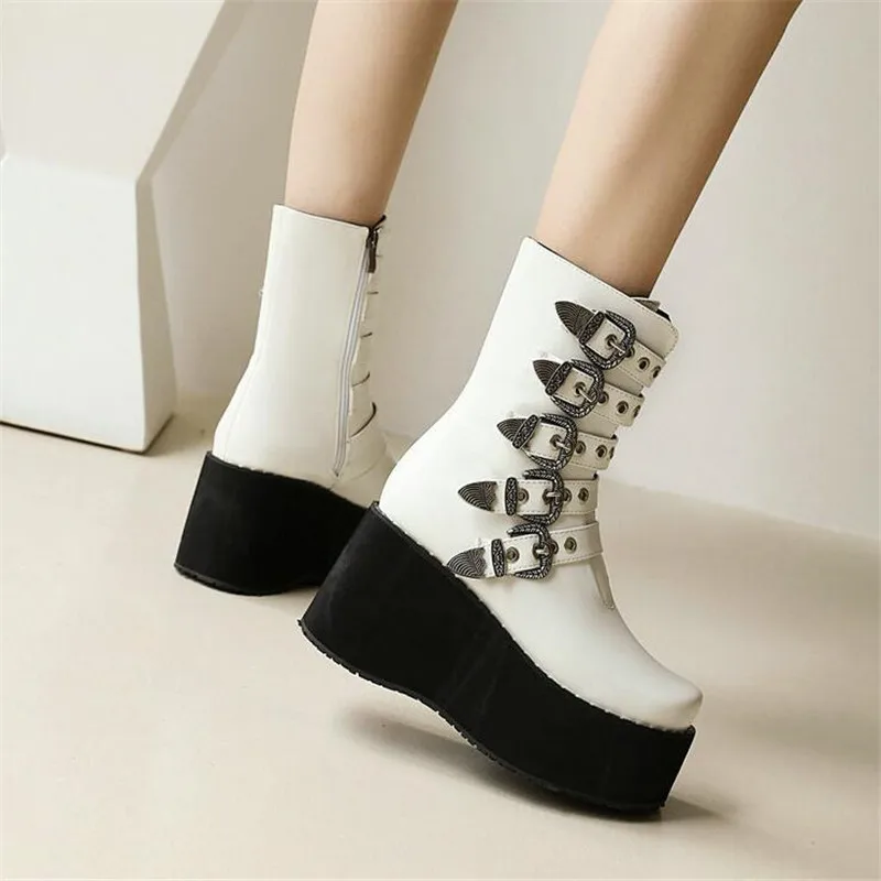 Brand Design Big Size46 Black Gothic Style Cool Punk Motorcycles Boots Female Platform Wedges High Heels Short Boots Women Shoes