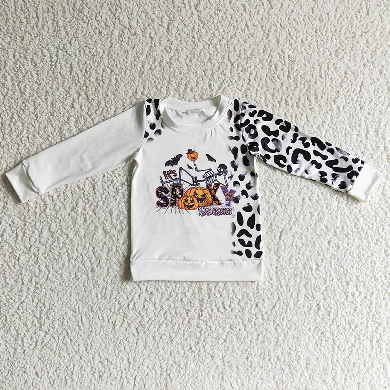 

Baby Girl Pumpkin Bat Spooky Shirt Long Sleeve Leopard Top Kids Children Clothing Fall Winter T-shirt Horror Halloween clothes