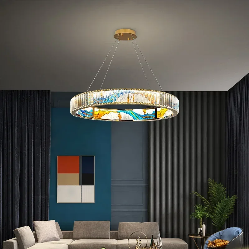 

Modern New Enamel Color Chandelier Crystal Glass Pendant Light Luxury LED Ring Villa Decor Bedroom Study Dining Room Lighting