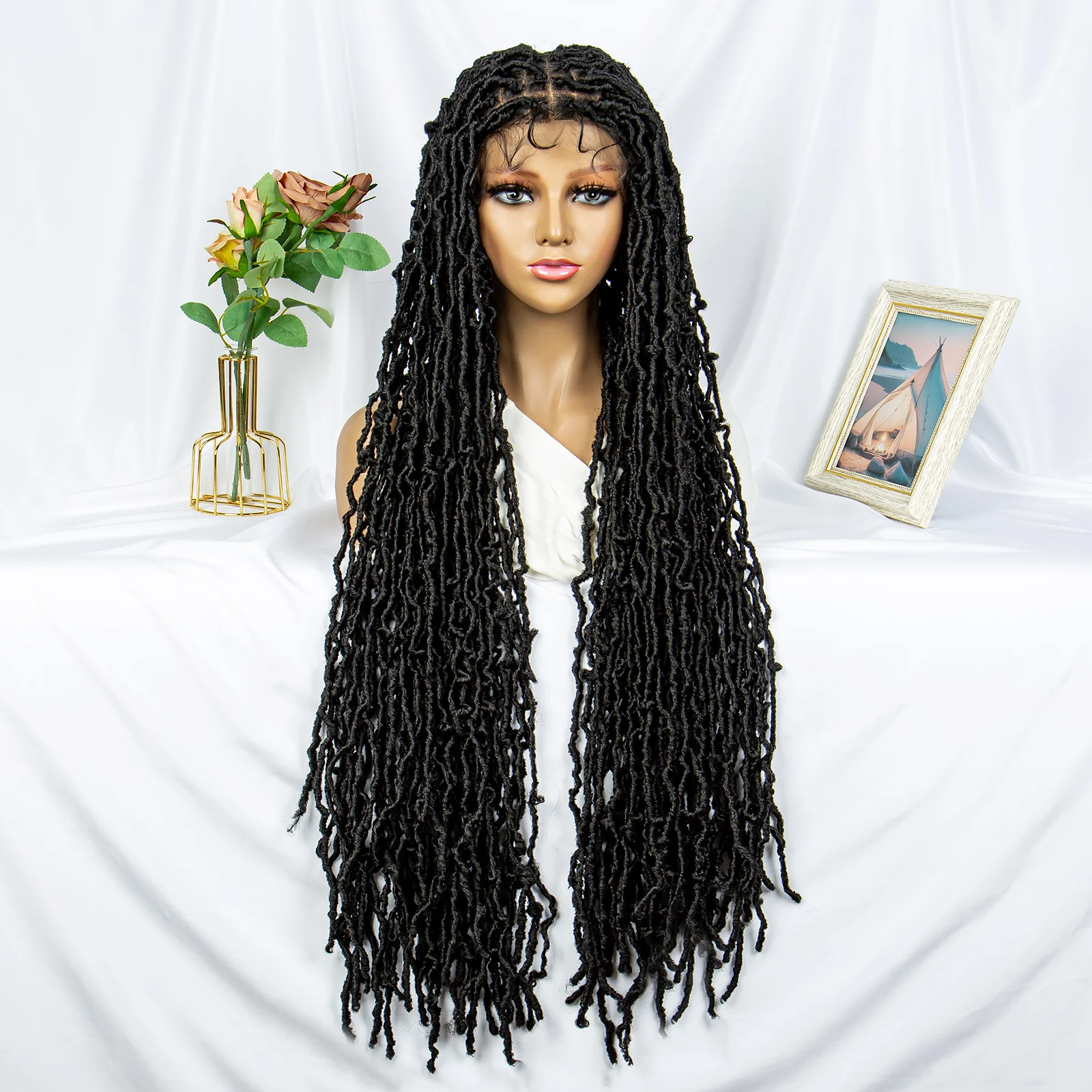 Perruques tressées Full Lace, perruque frontale en dentelle synthétique, perruques tressées Faux Locs, perruques africaines avec cheveux de bébé, perruques de dreadlocks tressées