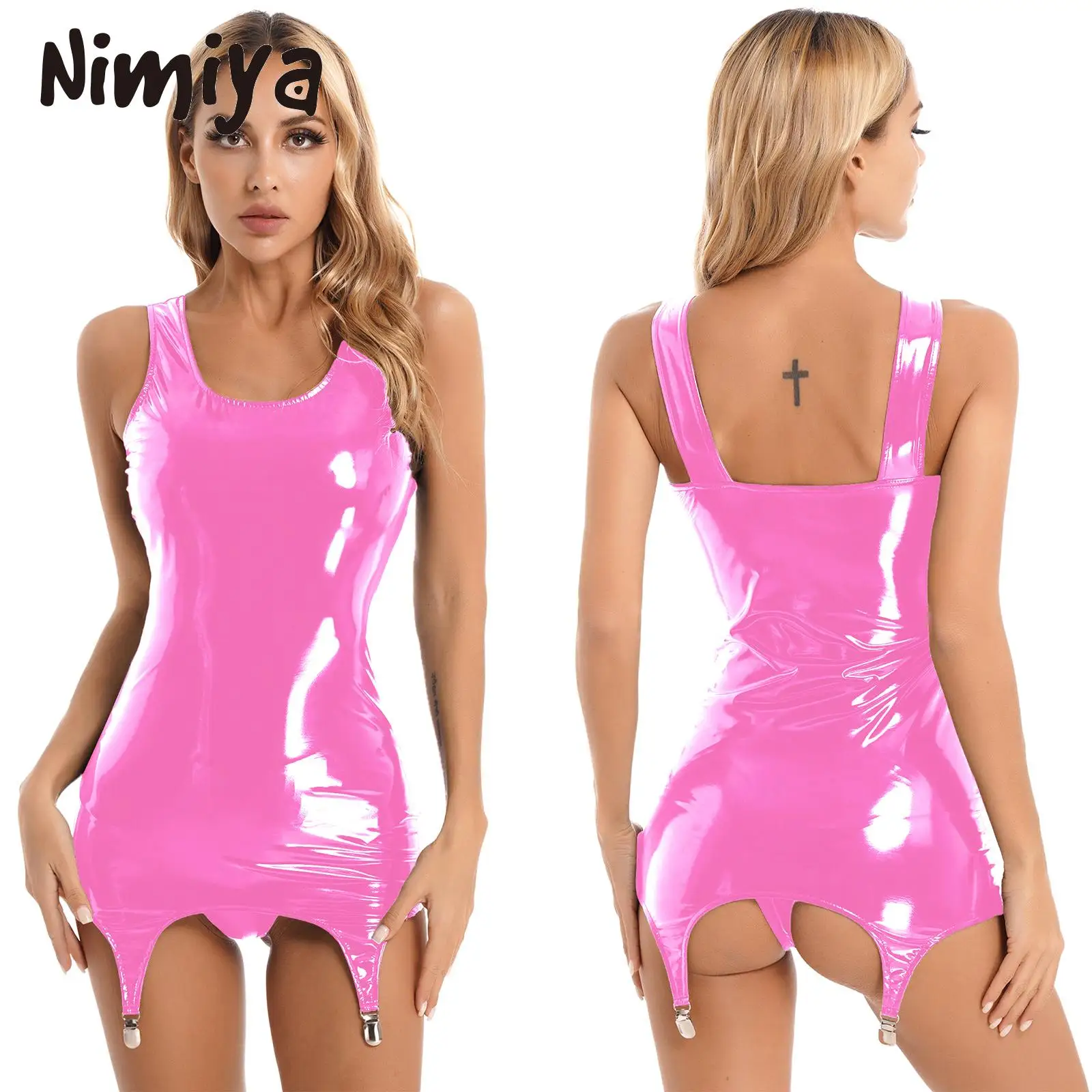

Nimiya Womens Pure Wet Look Patent Leather Sleeveless Bodycon Dresses with Metal Clips Clubwear Slim Tank Dress with Wide Straps