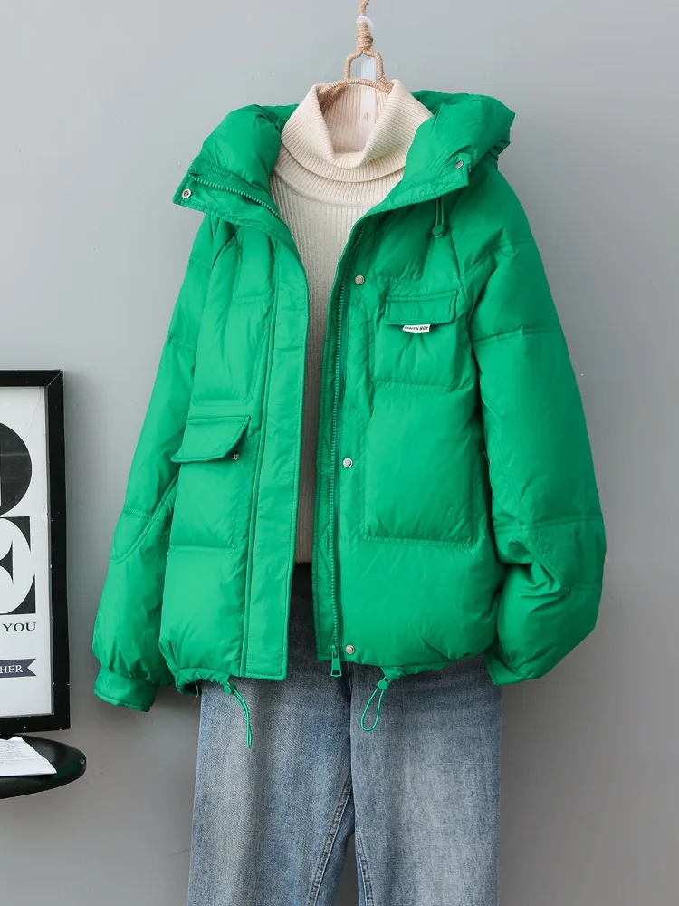 

Fashion Loose Women Puffer Jackets Oversized 2022 New Korean Style Short Female Winter Coat Pockets Hooded Warm Down Parkas