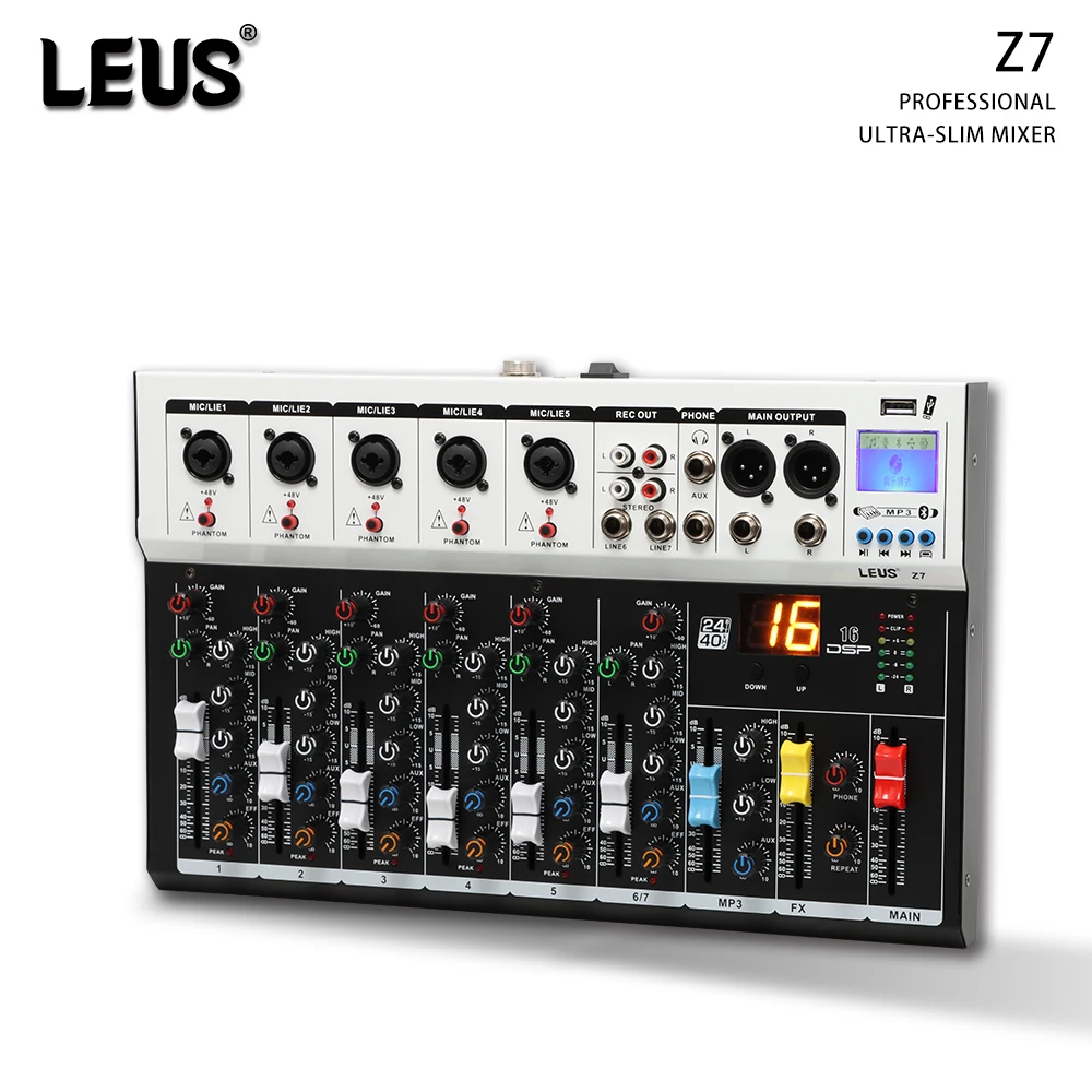 LEUS Z7 Mixing Console Audio Interface Bluetooth USB Record PC 48V Phantom Power Delay Repeat Effect 7Channels DJ Sound Mixer