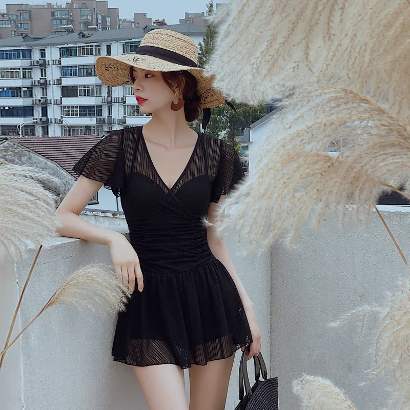 

Wisuwore Summer Small Fragrance Bathing Suit Women's Lace Belly Cover Slimming One-piece Skirt Conservative Hot Spring Swimsuit