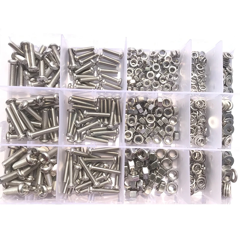 400/510pcs Stainless Steel Cross Round Pan Head Screw Assortment Kit M2 M2.5 M3 M4 M5 Phillips Machine Screw Set with Nut Washer