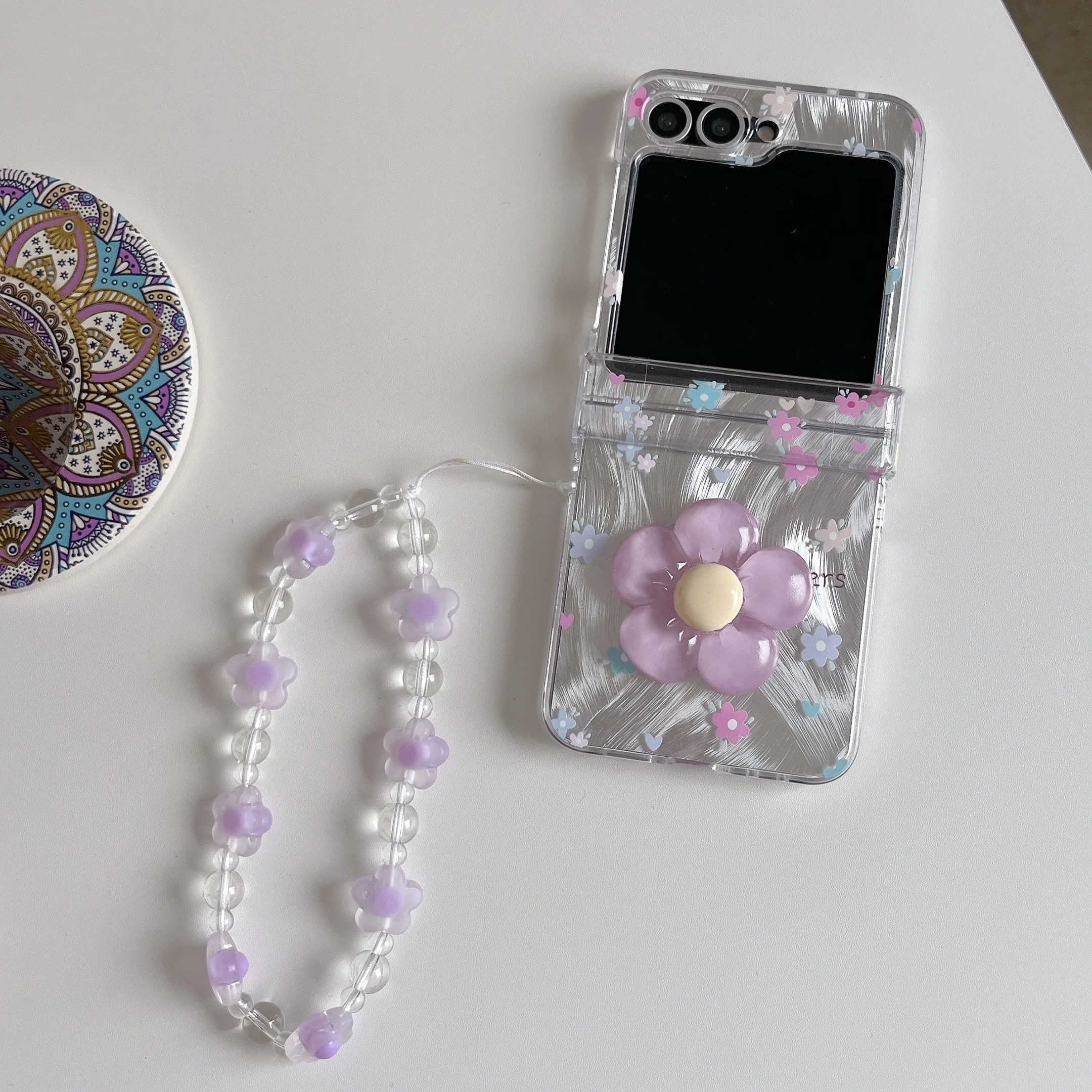 3D Purple Flower Blooming Dual-Mode Clear Protective Case with Lanyard - Middle Axis Design