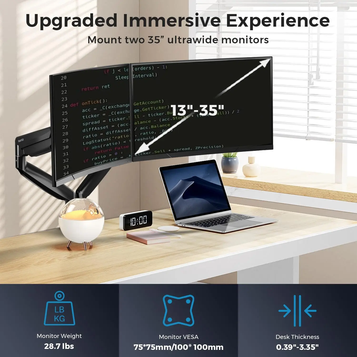 Curved Monitor Mount Dual Monitor Arm up to 35" Screens, Max 28.6lbs Each, Heavy Duty Ultrawide Monitor Arm,Swivel -90° to +90°