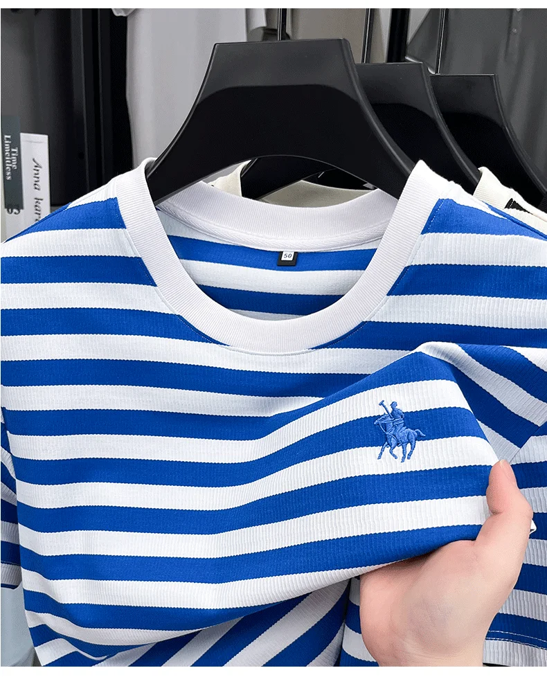High-End-Herren-Kurzarm-T-Shirt der Modemarke Paul Pony, besticktes, sommerliches, bequemes, lässiges, klassisches, gestreiftes Rundhals-Top – Detail 9