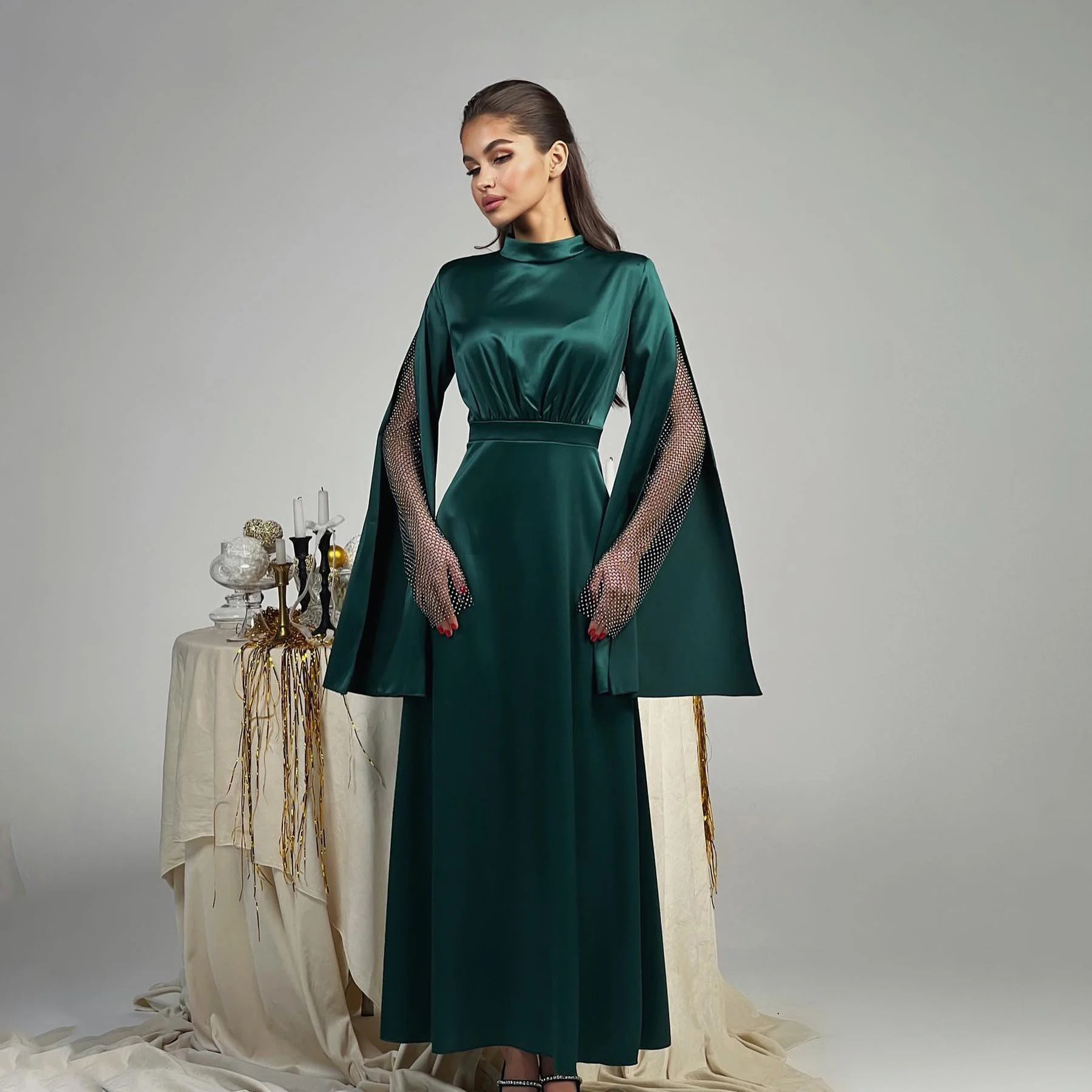 

GIOIO High Luxury Formal Evening Dresses Pleat Simple Long Sleeves فساتين سهرة Ankle Length Elegant Prom Gowns Party Women