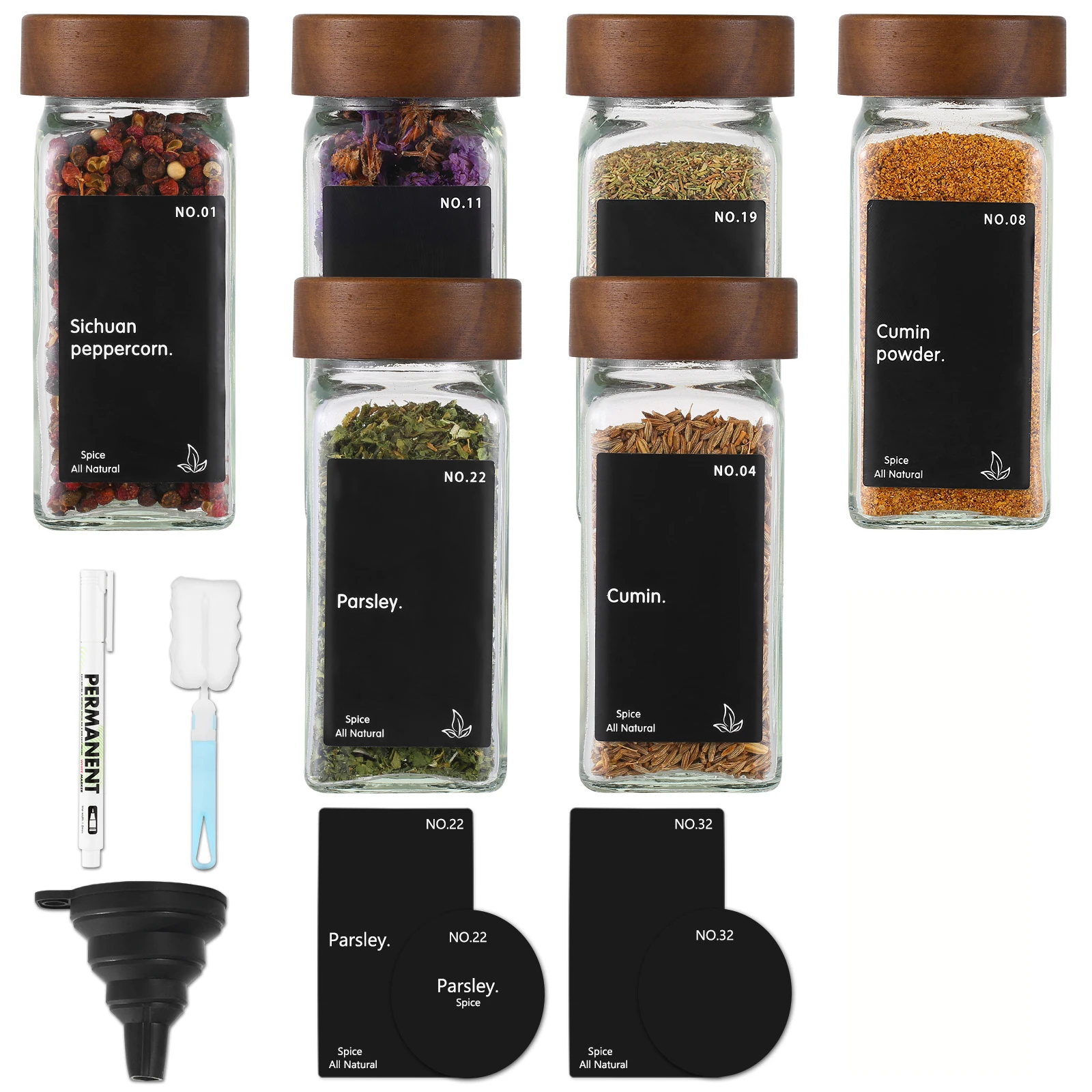 6/12/24 Spice Jar with Lid and Label (Acacia Wood Cover)-Square Spice Jar-Kitchen with Pen, Funnel, Brush and Black Label for Storage Organizing It&rsquo;S Ideal Choice for Herbal Spices Condimen