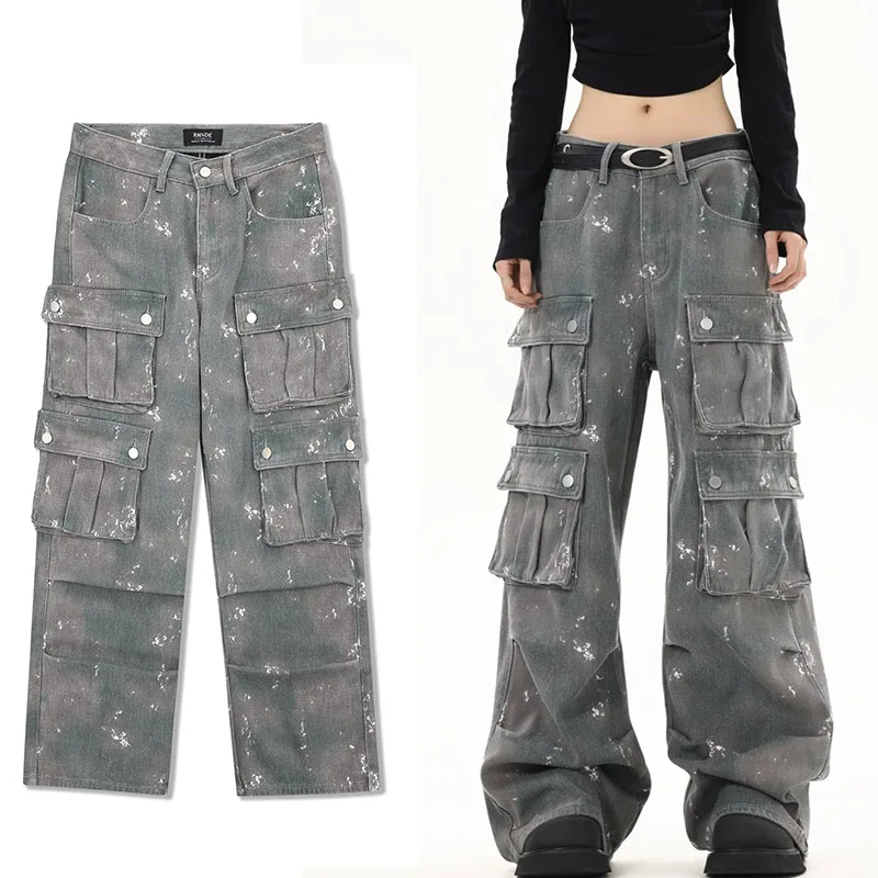 

Harajuku Tie-Dye Multi-Pocket Loose Jeans Men's Oversized Streetwear Rock Punk Gothic Workwear Wide Leg Pants Women's Bermuda