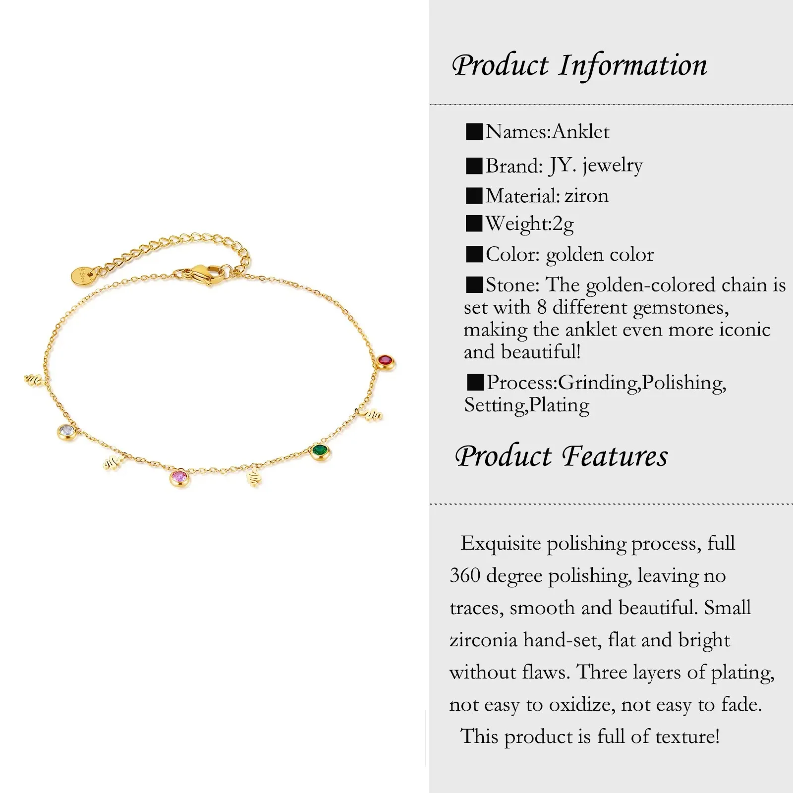 【JYJZZ164】22cm fashion niche design stainless steel with colored stones simple and versatile anklet for women.