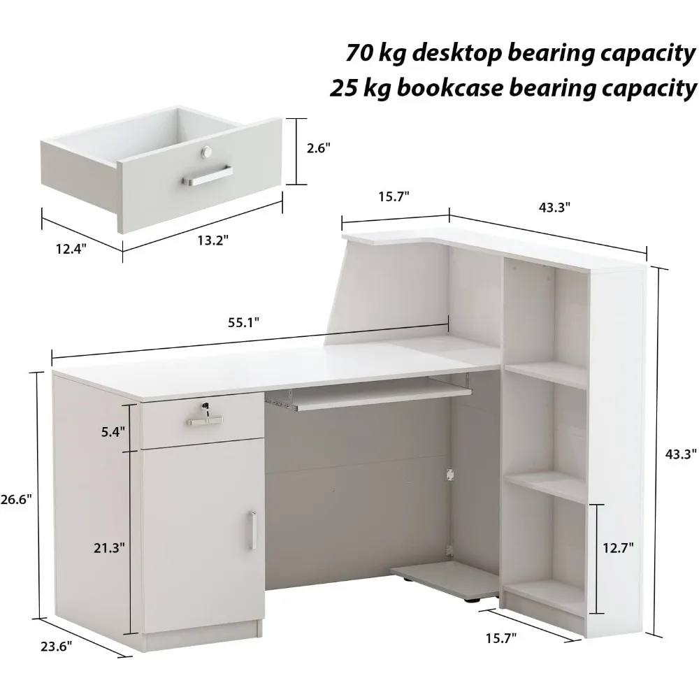 55.1" W Lshape Wood Reception Desk Computer Keyboard Tray White French Mid-Century Modern L-Shape MDF Matte Cabinet Shelves