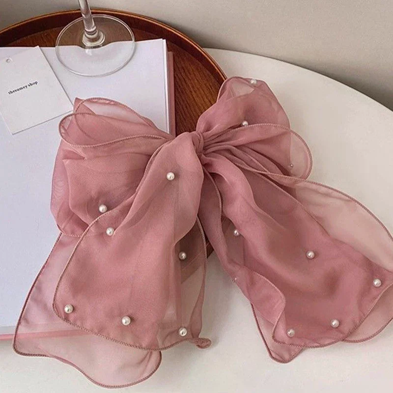 Fermagli per capelli con fiocco in chiffon con graziosi nastro e perle per donne alla moda - Elegante fermaglio per coda di cavallo e accessorio per molletta - immagine 4