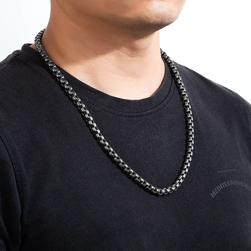 7mm Wide Chain Stainless Steel Cuban Vintage Black Necklace Punk Long Men Hip Hop Brushed Matte Silver Male Jewelry Accessories images - 6