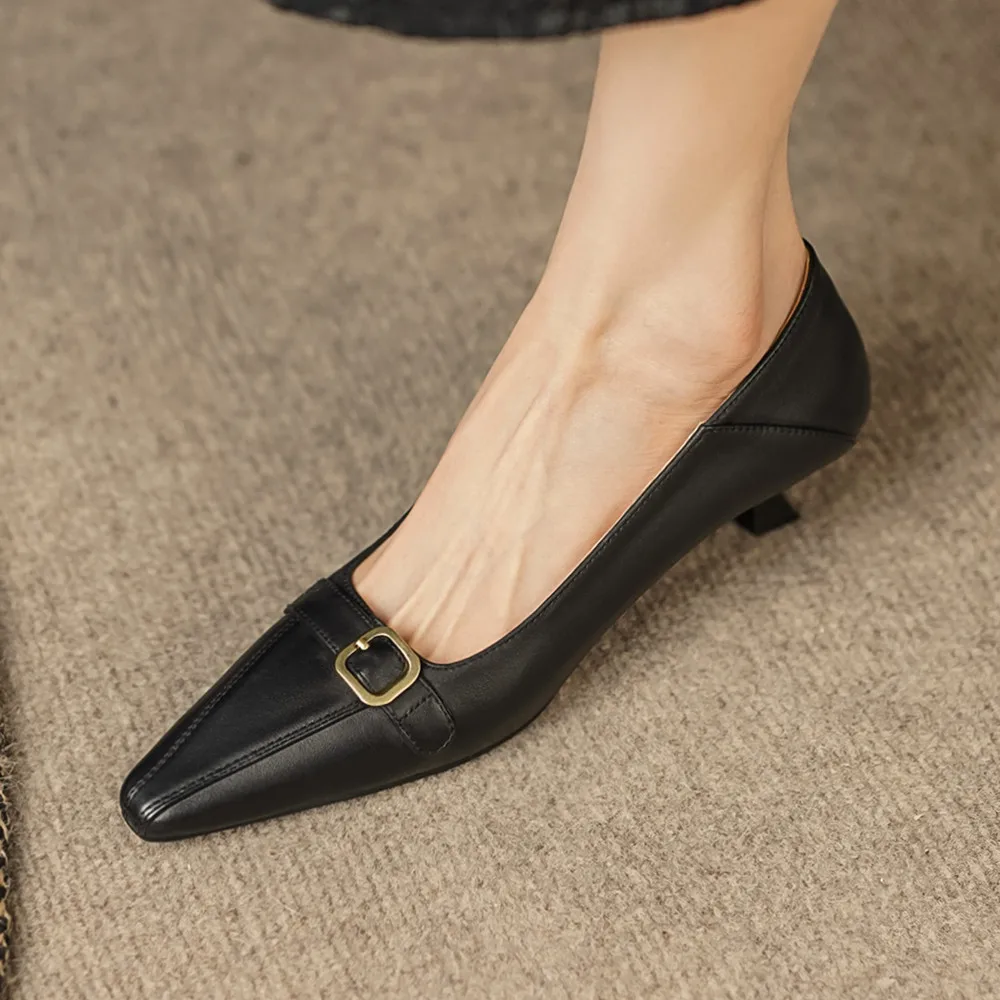 

Women's cow leather thin high heel pointed toe slip-on pumps elegant ladies OL style metal buckle decoration daily dress shoes