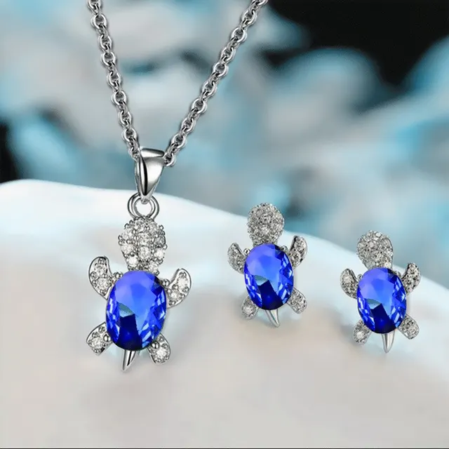 3pcs Silver-plated Necklace Earrings Set Ladies Light Luxury Fashion Style Turtle Shape With Multi Color Glass Diamond 1