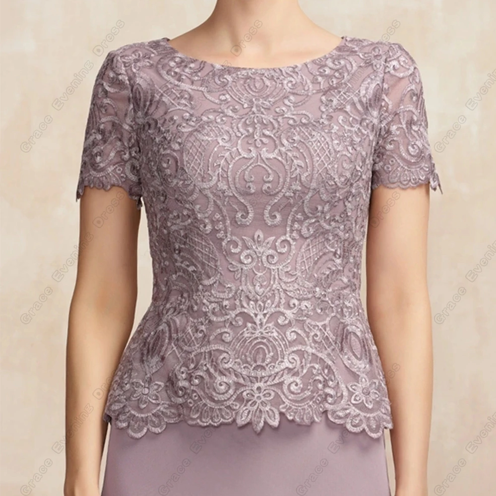 Sparkle Short Sleeve Mother of Bride Dresses for Women Scoop Wedding Party Gown Lace Chiffon Vestido De Noche Summer