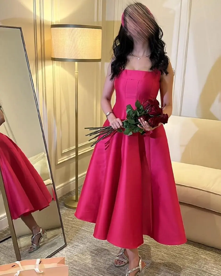 

Vintage Fuchsia Satin Sleeveless Prom Dresses Square Neck Ankle Length Zipper Back Party Dresses vestidos de fiesta