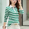 European green striped long sleeved t-shirt for women's autumn fashion, light luxury plus size casual polo shirt, lapel top