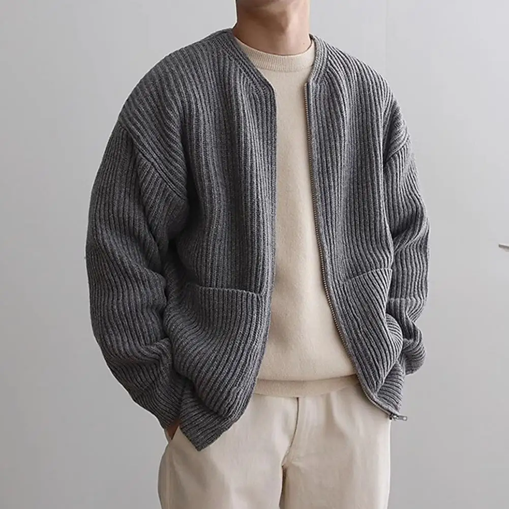 Men Autumn Winter Solid Color Cardigan Coat Collarless Long Sleeve Zipper Placket Pocket Knitted Sweater Coat knitted cardigan knitted sweater coat sweater coats fleece cardigan