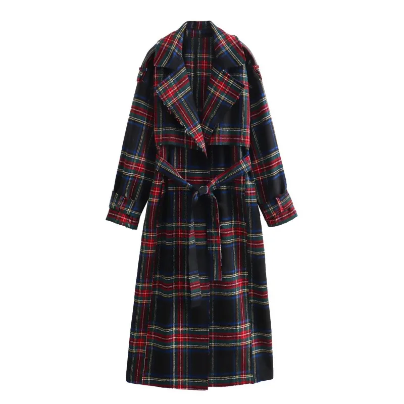 

New Women Plaid Coat With Waistband Fashionable Lapel Collar Mid Length Coat Trendy Warmth Casual Street Style