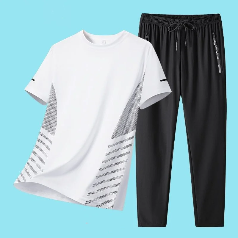 Fashion high-end elastic ice silk short-sleeved T-shirt trousers two-piece men's and women's summer new thin fitness jogging set