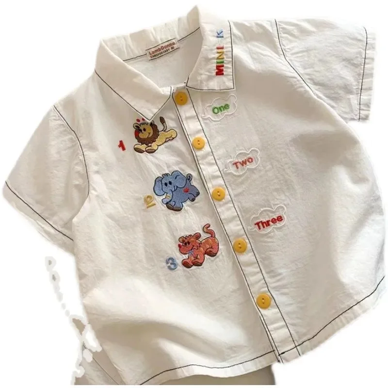 Kids Boys Shirts Korean Summer Cotton Cartoon Embroidery Short Sleeve 1-6Y