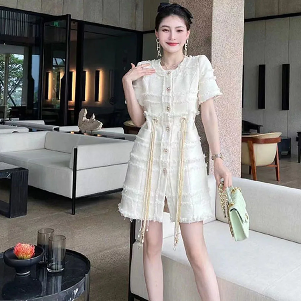 Elegant Women O Neck Chain Pearls Beading Belted Tweed Dress Short Sleeve  Single Breasted Designer Spring New Short Mini Dress - Dresses - AliExpress