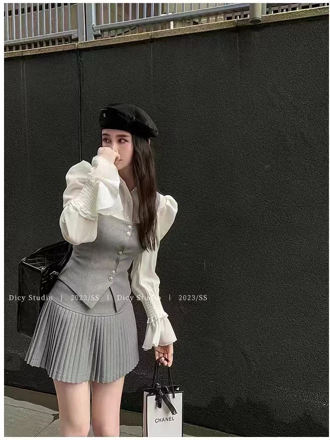 Sweet 3 Piece Set Women Flare Sleeve Shirt Square Collar Vest Pleated Mini Skirt Autumn Spring Solid Y2K Korean Chic Outfits New