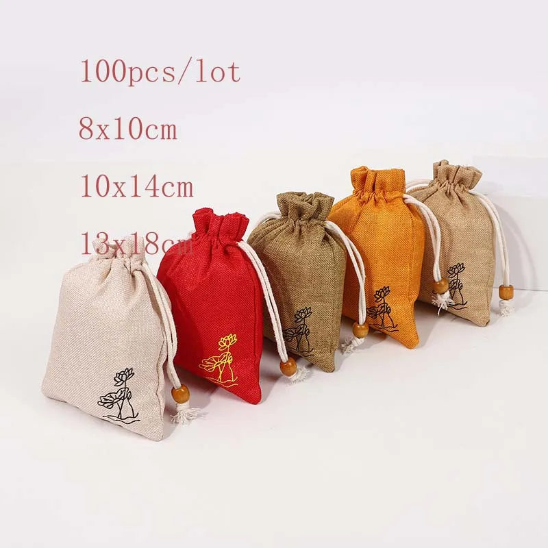 100Pcs/Lot 8x10 10x14 12x15cm Lotus Jute Gift Bags Small Jewelry Pouches Burlap Drawstring Bags Cotton Linen Packaging Gift Bags
