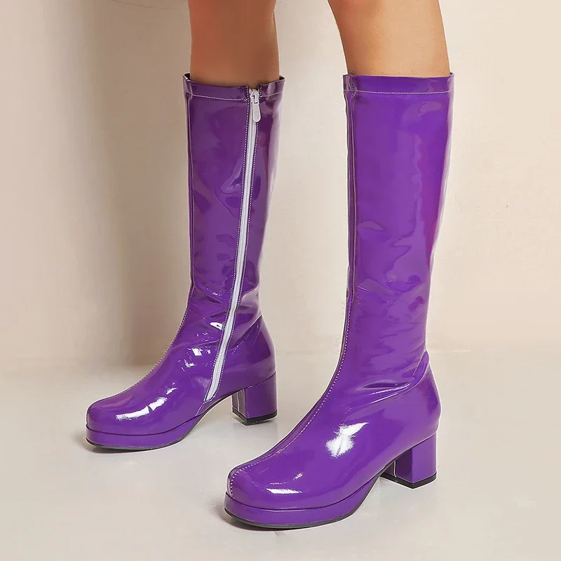 

New Hot Women High Keen Boots Patent Leather Waterproof Knee High Boots White Red Party Fetish Boot Women's Shoes Autumn Winter