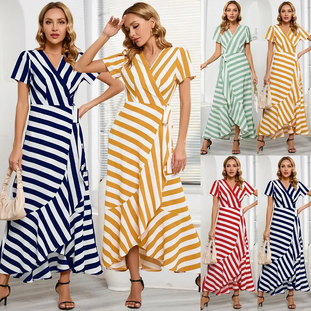

Women Summer Casual Short Sleeve Striped Dress Elegant Striped Swing Midi Dress High Waist Ruffle A Line Clothes with Belt
